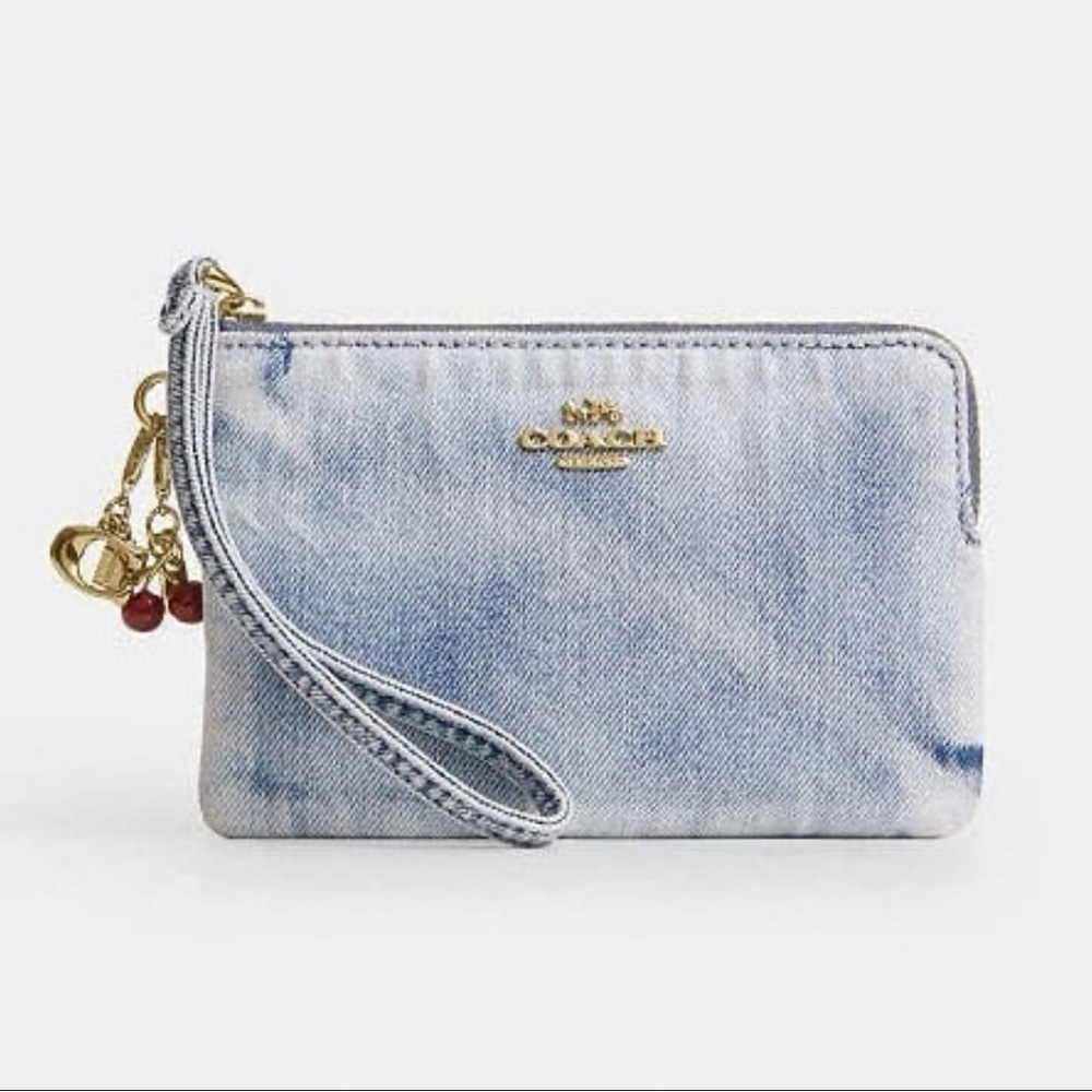 Coach Corner Zip Wristlet In Loved Denim With Charms NWT